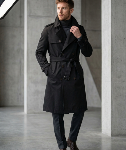Men’s Onyx Black Belted Slim-Fit  Trench Coat