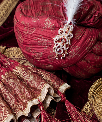 Royal Maroon Silk Pagri with Kalgi & Feather Detail – Traditional Groom's Safa