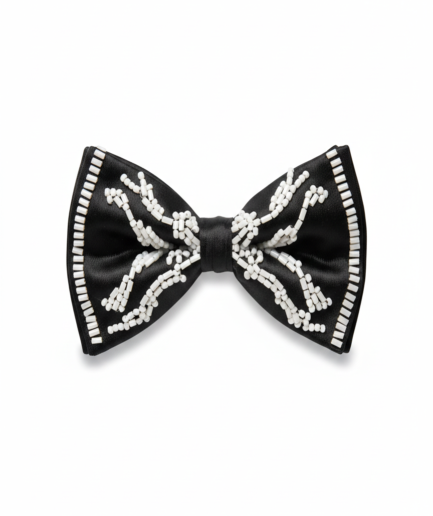 Black Satin Bow Tie with White Beaded Detailing – Premium Formal Wear Accessory