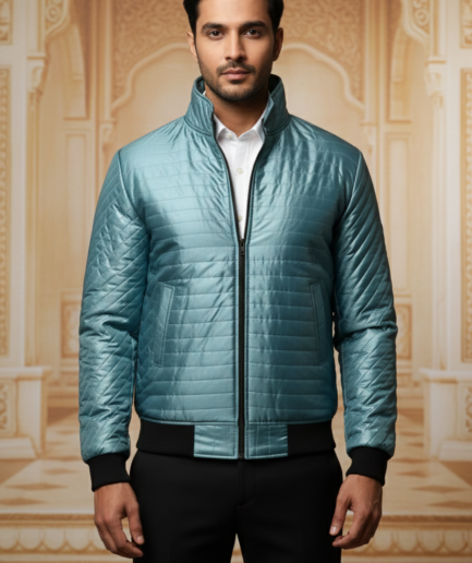Modern Elegance: The Metallic Teal Quilted Bomber Jacket