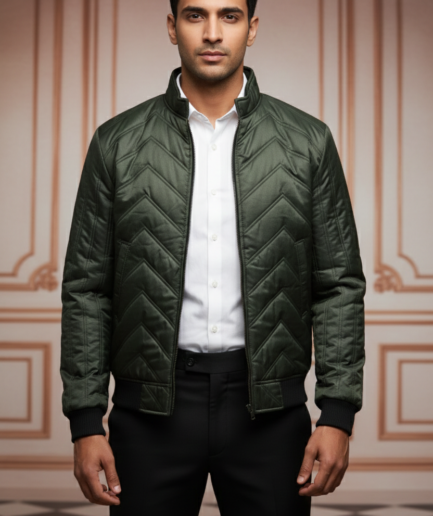 The Modern Maverick: Olive Chevron Quilted Bomber Jacket