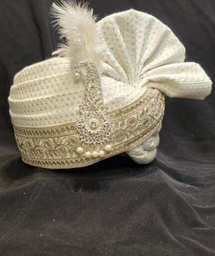 Royal Off-White Safa with Gold Zari Border and Pearl Kalgi – Designer Wedding Pagri for Grooms
