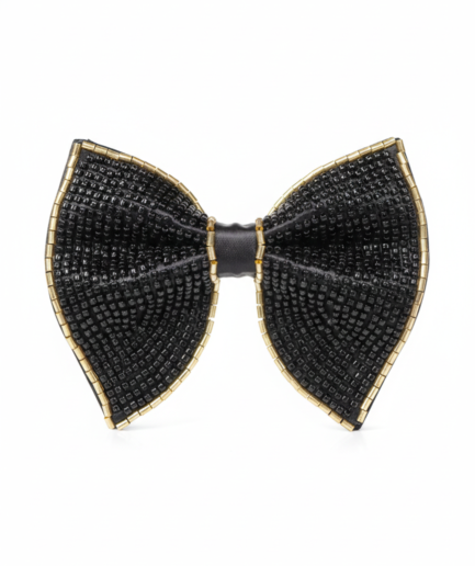 Midnight Onyx Beaded Bow Tie with Gold Trim