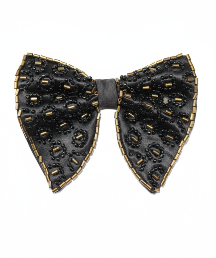 Noir Leopard Hand-Beaded Bow Tie with Gold Trim