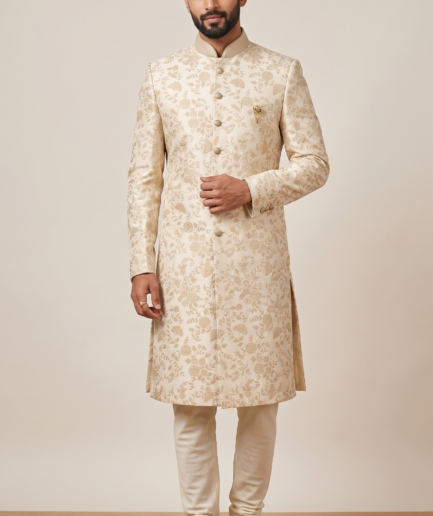 Exquisite Cream Floral Jacquard Sherwani