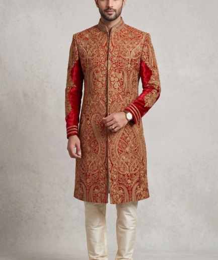 Royal Crimson & Gold Embroidered Sherwani