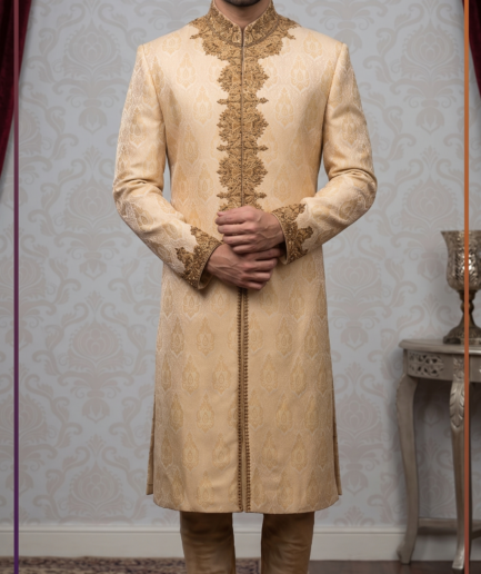 Regal Gold Embroidered Mens Sherwani