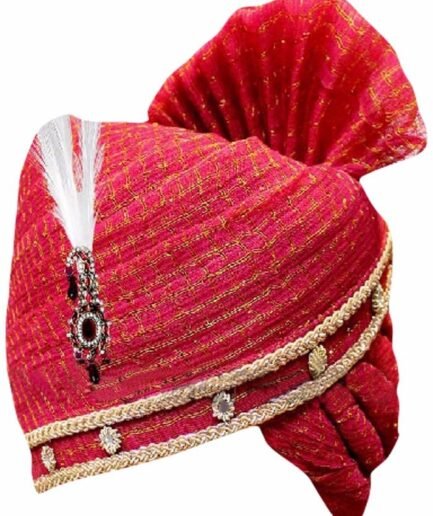 Royal Fuchsia Pink & Gold Zari Turban – Traditional Indian Groom Safa with Crystal Kalgi & White Feather