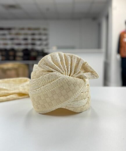 Elegant Cream & Gold Textured Wedding Pagri | Traditional Groom’s Safa with Sequined Detailing