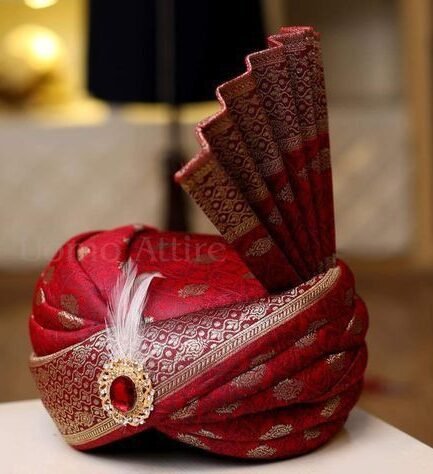Royal Maroon Banarasi Silk Pagri | Traditional Groom’s Turban with Kalgi and Feather Detail