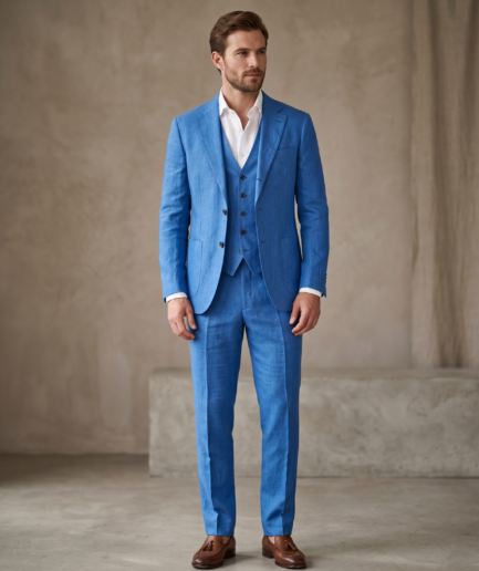 Sophisticated Men's Three-Piece Cerulean Blue Linen Suit