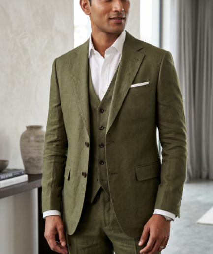 Sophisticated Olive Green Three-Piece Linen Suit