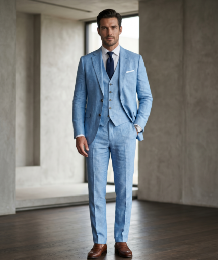 The Epitome of Summer Elegance: A Man in a Tailored Light Blue Three-Piece Linen Suit