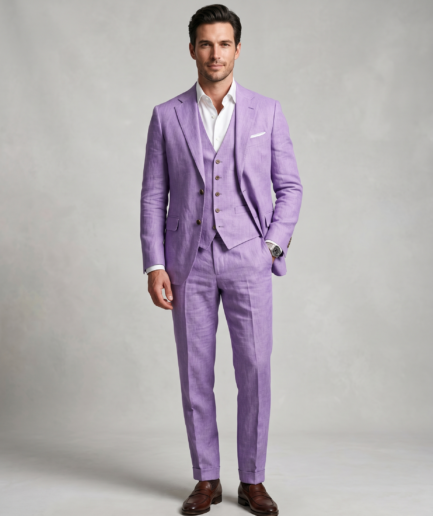 Dapper in Lavender: A Modern Three-Piece Linen Suit for the Contemporary Gentleman