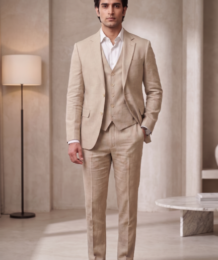 Classic Sophistication in a Tailored Beige Linen Suit