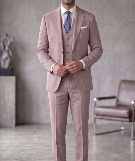 Sophisticated Elegance: Men's Tailored Three-Piece Suit in Dusty Rose Linen