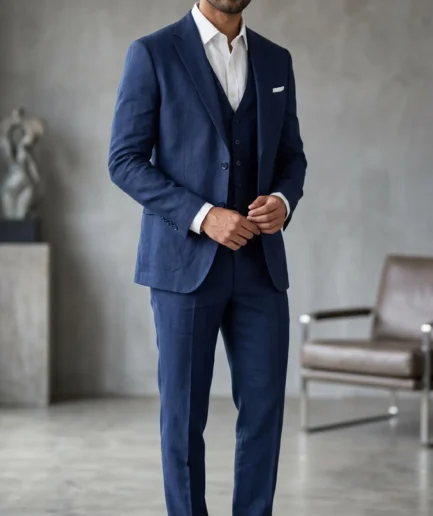 Men’s 3-Piece Slim Fit Linen Suit – Royal Blue Summer Formal Set