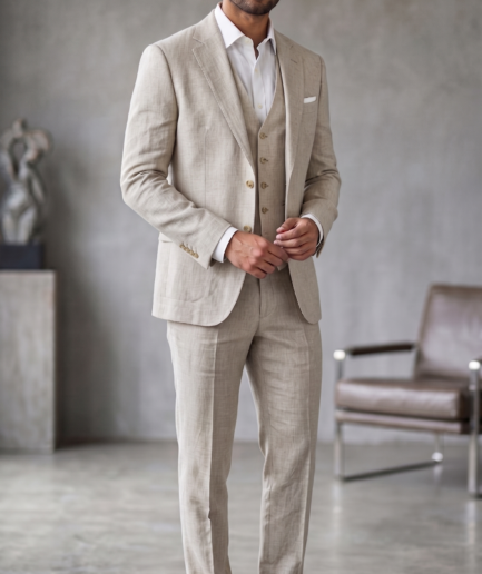 Men's Premium 3-Piece Linen Suit – Slim Fit Luxury Tailoring in Sand Beige