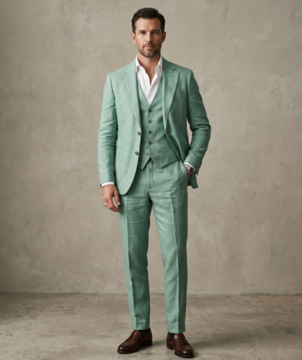 Men's Premium 3-Piece Linen Suit – Slim Fit Tailored Ensemble in Mint Green