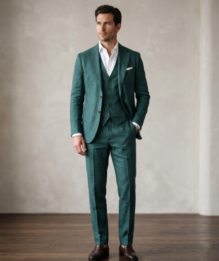 Men's Premium 3-Piece Linen Suit – Slim Fit Tailored Ensemble in Teal Green
