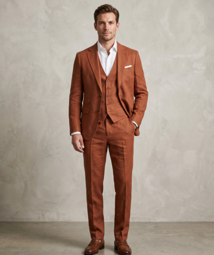 Men's Premium 3-Piece Linen Suit – Slim Fit Tailored Ensemble in Terracotta / Burnt Orange