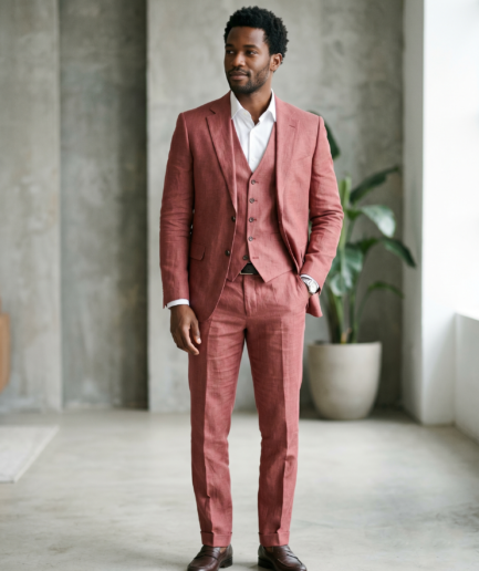 Men's Premium 3-Piece Linen Suit – Slim Fit Tailored Ensemble in Salmon Pink / Brick Rose