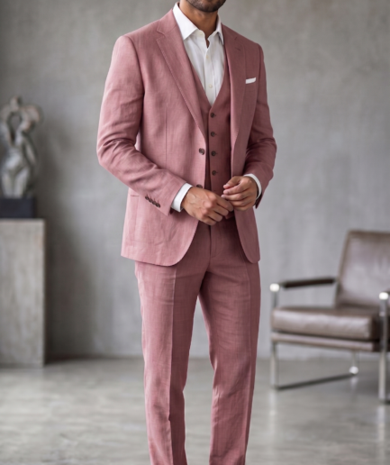 Men's Premium 3-Piece Linen Suit – Slim Fit Tailored Ensemble in Dusty Rose