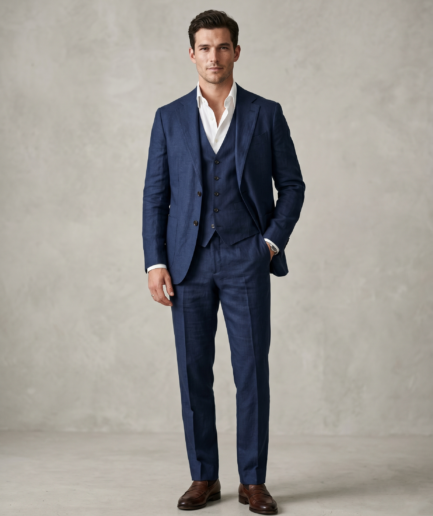 Men's Premium 3-Piece Linen Suit – Slim Fit Tailored Ensemble in Navy Blue