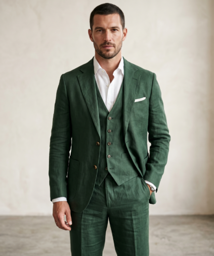 Men's Premium 3-Piece Linen Suit – Slim Fit Tailored Ensemble in Emerald Green