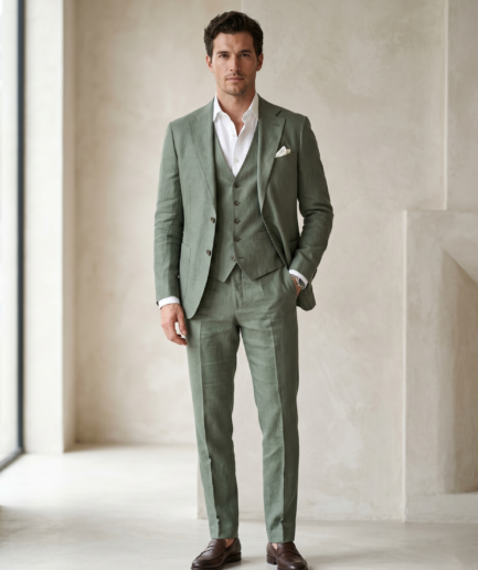 Men's Premium 3-Piece Linen Suit – Slim Fit Tailored Ensemble in Light Sage Green