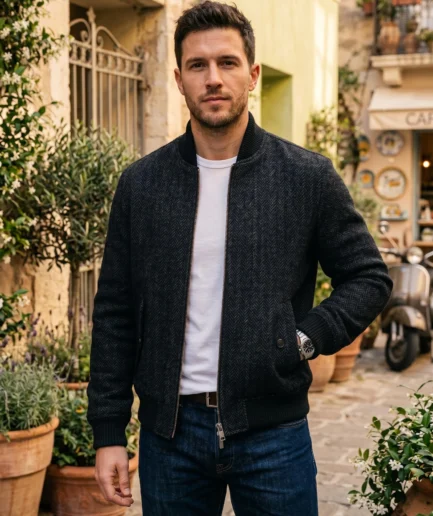 Charcoal Herringbone Tweed Bomber Jacket for Men, Wool Blend Varsity Style, Winter Streetwear
